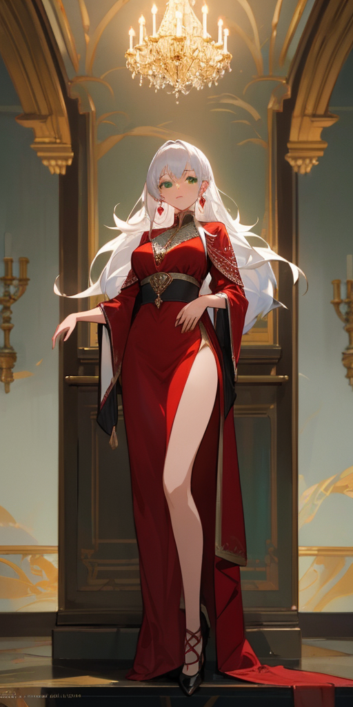 00285-401523517-1Girl, full body, elegant, white hair, green eyes, intricate red gown, silver earrings, palace interior background, golden chand.png